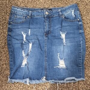 Wax Jean Distressed Blue Denim Mini Skirt